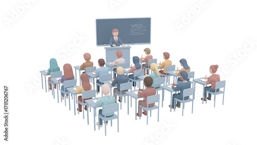 Teacher lecturing students in classroom with desks and blackboard, creating an educational atmosphere with a focus on learning and knowledge transfer.