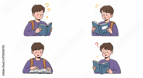 Cute illustration of a student reading a book, expressing confusion, epiphany, and concentration, representing the learning process.