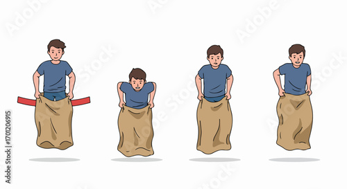 Four-panel illustration of a young man competing in a sack race, depicting the stages of effort, challenge, and joyful accomplishment in this classic game.