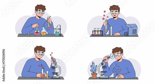 Illustrations of a scientist or student performing various experiments in a laboratory, including chemical reactions, microscopy, and research for discovery.
