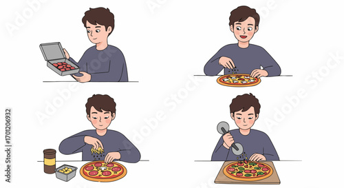 A cartoon illustration of a person preparing and cutting a homemade pizza with various toppings in four steps.