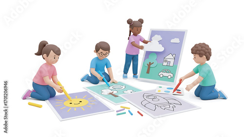 Children creating artwork with crayons and paper, drawing pictures of sun, clouds, rocket, and house in bright, colorful, and playful scene.