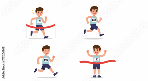 Cartoon Male Runner in Various Race Stages: Starting, Running, and Crossing Finish Line in a Race Event Illustration