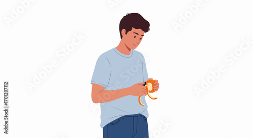 Young man in a blue t-shirt meticulously peeling a fresh orange, a simple act of healthy eating and domestic life, depicted in a clean, modern illustration.