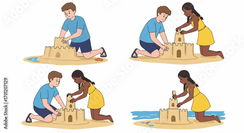 Diverse children joyfully build sandcastles on the beach, enjoying summer vacation and creative playtime together.