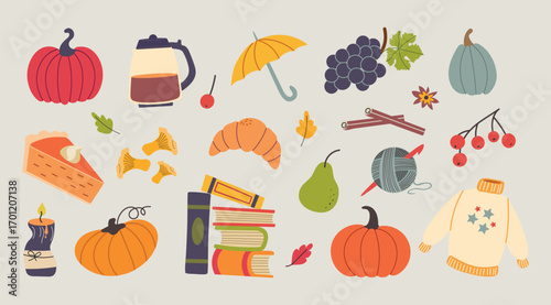 Autumn fall set collection. Autumn elements, icons, cliparts. Leaves, sweater, rain boots, pumpkins, fruits, mushrooms, food, books