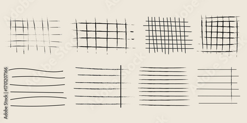 Set collection of grid square hand drawn lines, notebook grid doodle chalk or crayon stroke