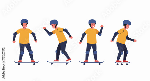 Flat vector illustration of a young skateboarder wearing protective gear, showcasing different movements on a skateboard against a white background.
