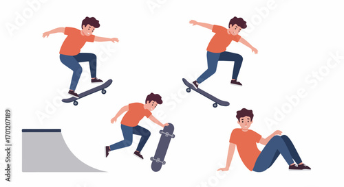 Young man skateboarding in various dynamic poses and resting, depicting urban sports and youthful energy with flat vector illustration.