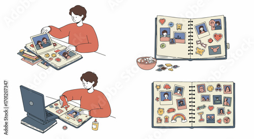 Joyful person creating a handmade photo album, carefully arranging snapshots and decorative stickers to beautifully preserve family memories and personal stories.
