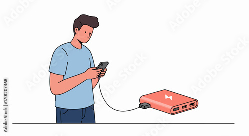 Young man charging his smartphone with a portable power bank, symbolizing mobile convenience and modern tech dependency on the go.