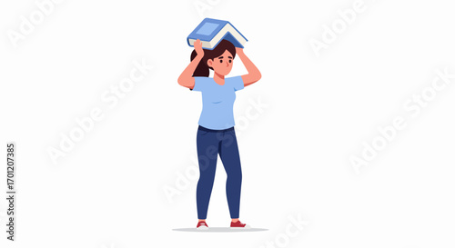 Young woman balancing a book on her head, representing learning, education, and the weight of knowledge in a flat vector illustration.