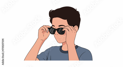 Young man adjusting black sunglasses illustration on a white background, depicting fashion and casual style.