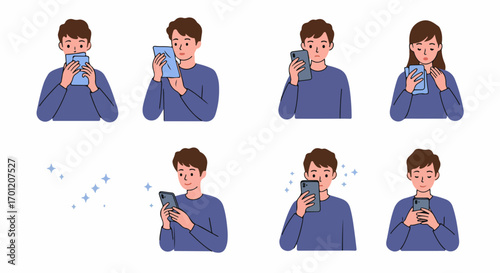Diverse illustrations of young people interacting with smartphones and tablets, capturing moments and engaging with digital content, representing modern technology and communication.