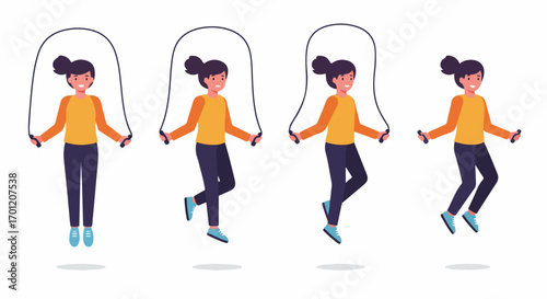 Energetic young woman performing jump rope exercises, illustrated in a sequential animation for fitness and active lifestyle concepts.