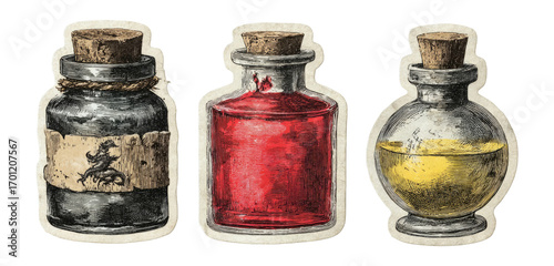Vintage potion bottles with cork stoppers in black, red, and yellow colors
