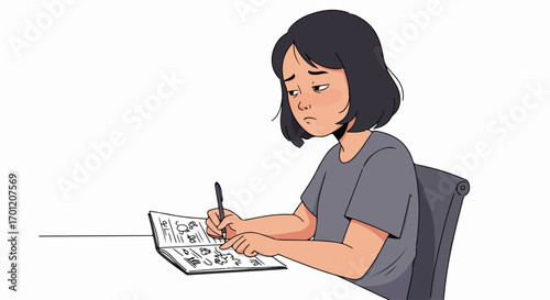 Upset young woman drawing or journaling her feelings in a notebook, expressing sadness or stress, cartoon illustration.
