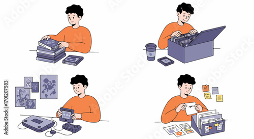 Illustration of a young man's hobbies and tasks: organizing media, gaming, and managing personal documents.