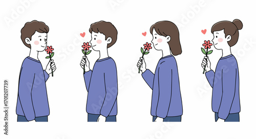 Cute cartoon illustration of diverse young people smelling flowers with hearts, symbolizing love, affection, and appreciation for nature or relationships.