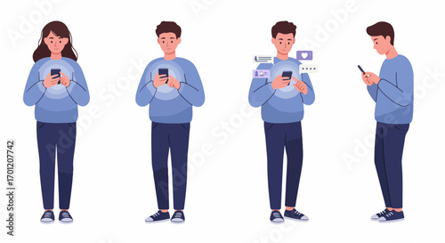 People engaging with smartphones, highlighting social media interaction and digital communication with various online activities.