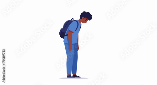 Depressed young man with backpack looking down, a vector illustration representing sadness, tiredness, and academic pressure.