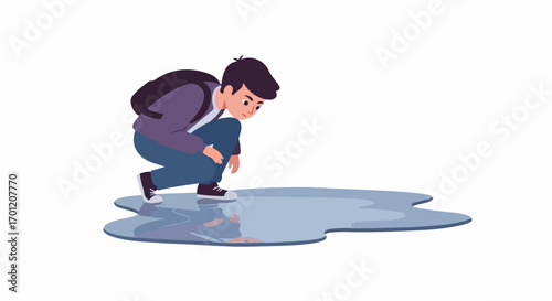 Young boy with backpack squats and gazes curiously at his reflection in a clear puddle of water, exploring the world around him with wonder.
