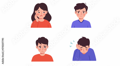Flat design illustrations depicting people with discomfort, toothache, sadness, and exhaustion. Visuals for health, emotional well-being, and mental state concepts.