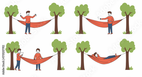 Illustrated steps for setting up a hammock and enjoying peaceful outdoor relaxation.