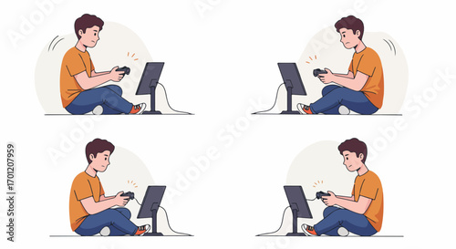 Focused young man playing video games on a monitor with a controller, sitting on the floor. Cartoon illustration.