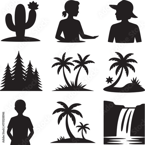 Tropical and Nature Silhouette Icons Set cactus palm tree