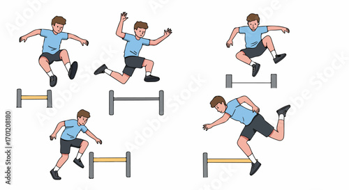 Dynamic man jumping over hurdles in various poses for agility training and sports fitness, an illustrative sequence.