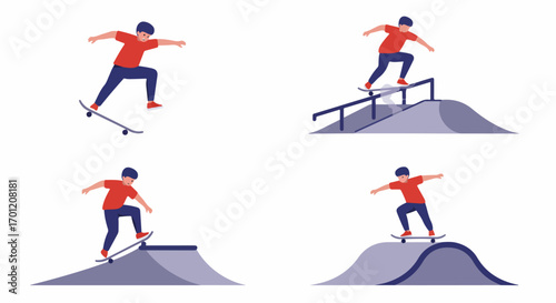 Set of illustrations depicting a young boy skateboarding, performing various tricks and maneuvers on ramps, rails, and flat ground.