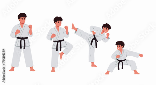 Young man in white karate gi with black belt demonstrating various martial arts poses, including stances, kicks, and punches, in a flat vector illustration.