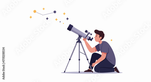 Curious man observes stars and a constellation through a telescope, exploring the vastness of space and astronomy.