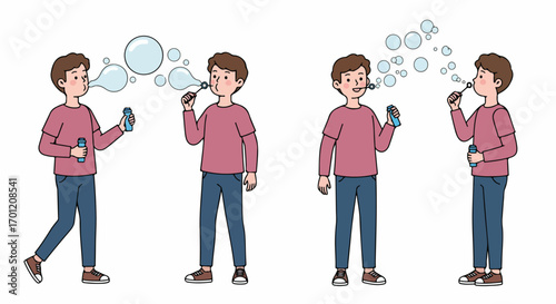 Joyful cartoon boy blowing soap bubbles, a playful illustration set capturing childhood fun and innocent moments.