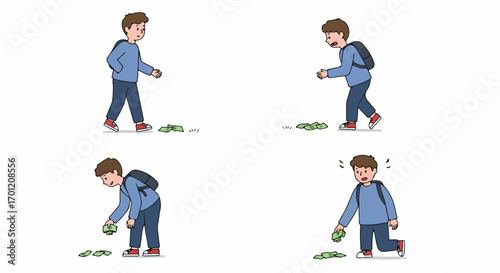 Young Man's Surprise and Dilemma: Discovering and Picking Up Money From the Ground, a Four-Panel Cartoon Illustration