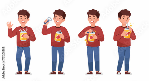 Animated guide showing a cheerful man opening a canned beverage using a bottle opener and enjoying it with a straw, depicting the full process with splashes.