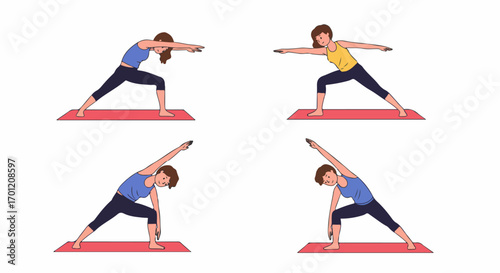 Illustrations of a woman practicing various yoga poses, including Warrior II and Extended Side Angle, on a mat, promoting fitness, flexibility, and mindfulness.