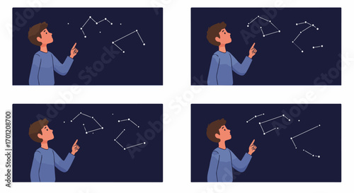Young man observes and points at constellations in the night sky, an illustration of astronomical discovery and learning.