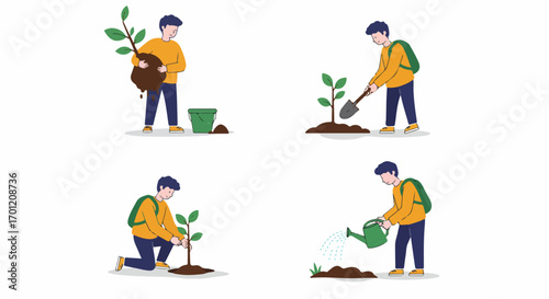 Step-by-step guide to tree planting by a person, illustrating environmental protection, reforestation, and sustainable living practices.