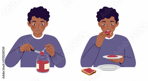 Young man spreads and eats jam on toast, enjoying a sweet and simple breakfast or snack.