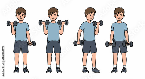 Cartoon illustration of a young man exercising with dumbbells, demonstrating various stages of bicep curls for fitness and strength training.