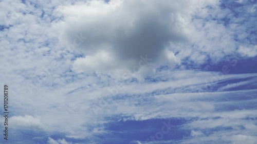 clouds and blue sunny sky,  white clouds over blue sky, Aerial view,  nature, blue sky, white clear weather. Time-lapse video 4 K.
