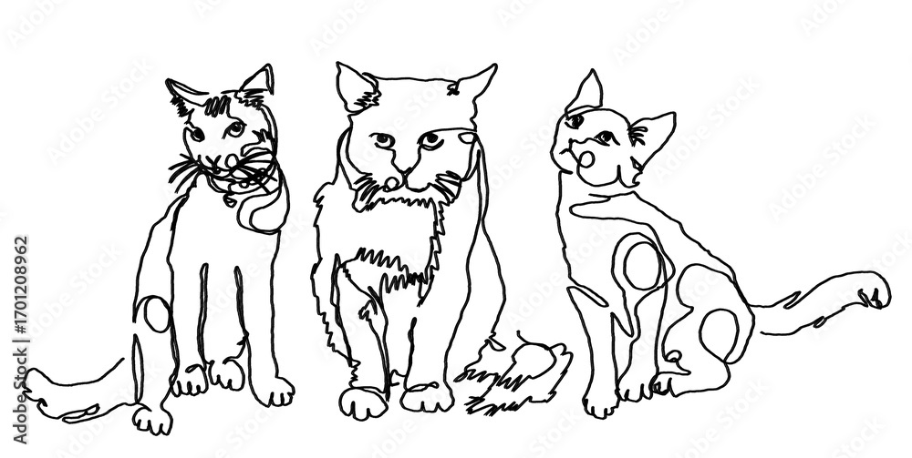 Fototapeta premium Three Cats One Line Art - transparent background