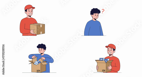 Customer's journey from confused disappointment with an empty or wrong package to satisfaction with a correct delivery from a smiling courier.