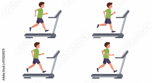 Young man running on a treadmill, an illustration sequence depicting physical exercise and fitness. Healthy lifestyle, modern workout equipment for cardio training at home or gym.