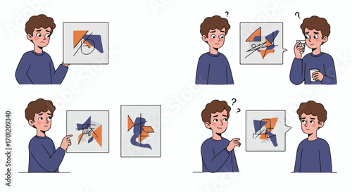 Puzzled young man struggles to understand complex abstract patterns and geometric shapes, illustrating confusion, problem-solving, and cognitive challenge.