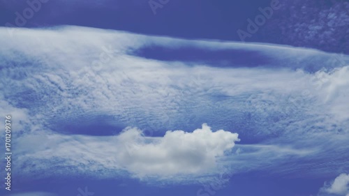 clouds and blue sunny sky,  white clouds over blue sky, Aerial view,  nature, blue sky, white clear weather. Time-lapse video 4 K.
