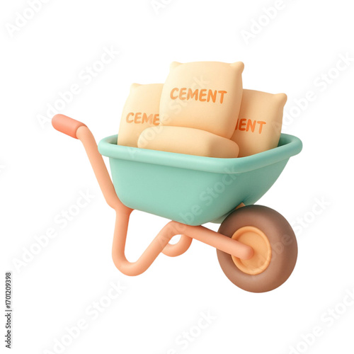 Cartoon wheelbarrow filled with cement bags isolated on transparent background