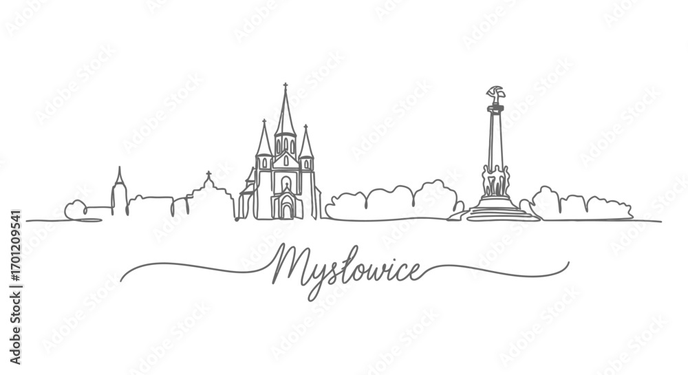 Obraz premium Myslowice line art skyline with Poland, and cityscape.